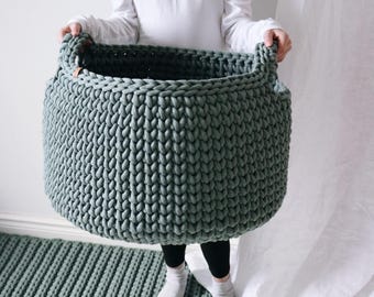 Large Standing Basket with Handles, Massive Crochet Organizer for Bedroom, Nursery Toy Bin, Laundry Room Hamper Bag. Laurel Green.