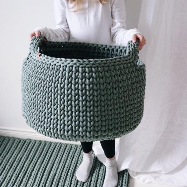 Large Standing Basket with Handles, Massive Crochet Organizer for Bedroom, Nursery Toy Bin, Laundry Room Hamper Bag. Laurel Green.
