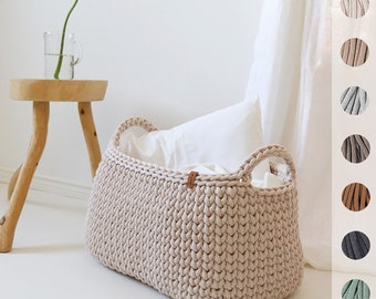 Large rectangular floor basket, Chunky woven box for books, magazines or pillows, Practical storage solution, Neutral tones.