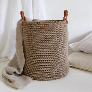 Large cotton box for living room or bedroom, idea for storing pillows, blankets and laundry, preparing a cosy place at home, Scandinavian.