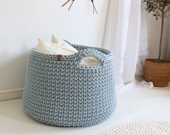 Minimalist handwoven floor basket, Large bin in shades of blue, Roomy and soft storage solution, Beach house decor.