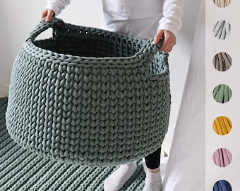 Large Standing Basket with Handles, Massive Crochet Organizer for Bedroom, Nursery Toy Bin, Laundry Room Hamper Bag. Laurel Green.