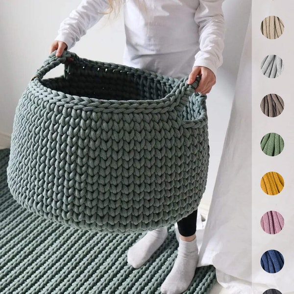 Grand panier sur pied avec poignées, massif organisateur au crochet pour chambre à coucher, bac à jouets pour chambre de bébé, panier de buanderie. Vert laurier.