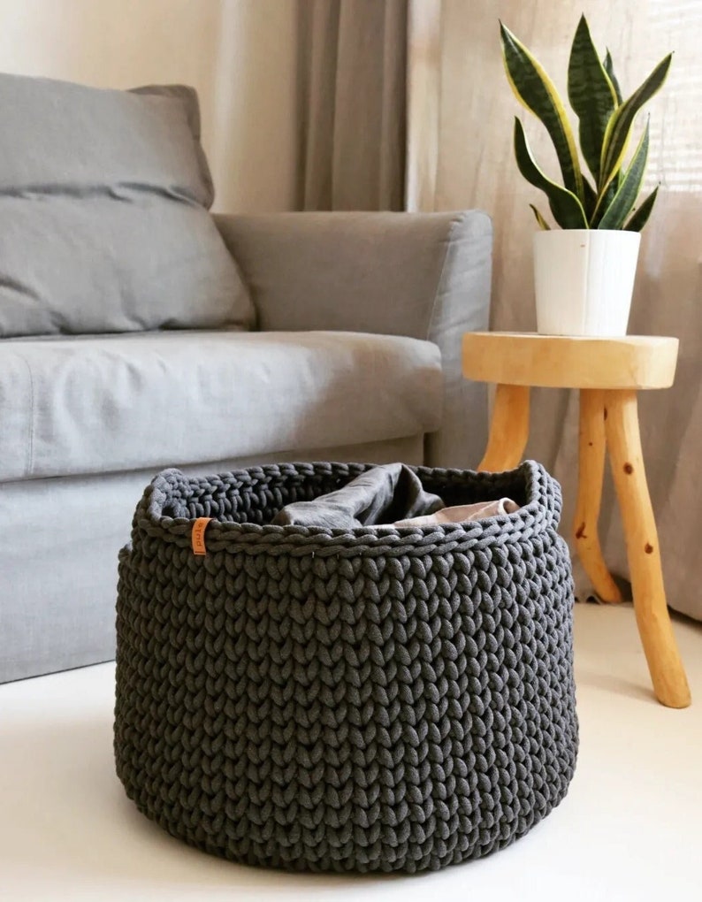 Organic woven rope storage basket, Large organizer for bedroom, bathroom or children's room, Dark gray cotton bin for blankets. Graphite