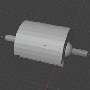 May include: A 3D-rendered, light gray cylindrical object with two protruding, smaller cylinders on either side. The central cylinder has a ridged texture, and the overall design is simple and geometric. The object appears to be a component or part.