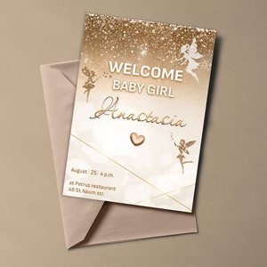 Cartão de convite personalizado para festa de bebê de boas-vindas, brilho dourado, brilho, pó de fada, design mágico, aquarela bege, estrelas brilhantes, luzes