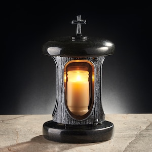 Grave lantern with a cross for a cemetery, Granite memorial lantern, Candle holder for tombstone, Cemetery candle holder