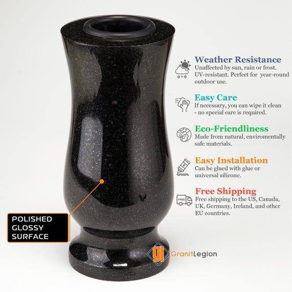 Black stone vase for grave, granite Gabbro Tulip 25cm