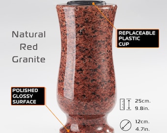 Red granite vases for graves, A grave stone vase for a cemetery, Granite memorial vases for graves, Funeral vases for graves, Cemetery decor