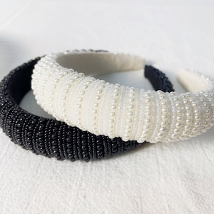 Women Headband,Pearl Headband,Black Beaded Headband,Padded Headbands,Bridal Hair Hoops,Vintage Hair Accessories,Hair Accessories,Gift