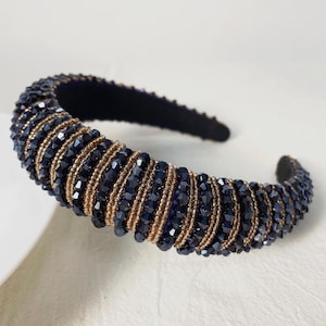 Crystal Beaded Headbands,Vintage Hair Hoops,Navy blue Padded Headband,Women Hair Accessories,Jeweled Headband,Gift