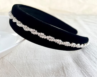 Diadema con cuentas de terciopelo negro, diadema de señora, diadema acolchada, accesorios para el cabello, regalo para ella