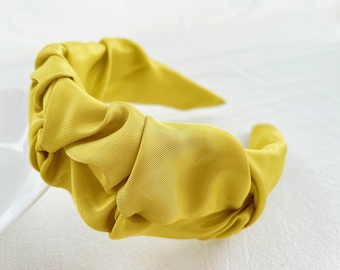 Yellow Pleated satin headband,Flower like pleated hair band,Glossy hair band,Fashion hair band,Girls' Vintage Hair Band,Wide silk hair band