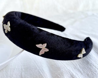 Sparkling Rhinestone Headband,Velvet Headband,Rhinestone butterfly Hairband,Padded Hairband,Vintage Headband,Wide Headband,Women Headband