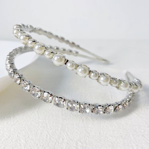 Unique Headband,Glitter Rhinestone Pearls Headband,Women Metal Hair band,Silver Double Layer Headband,Hair Hoops,Gift