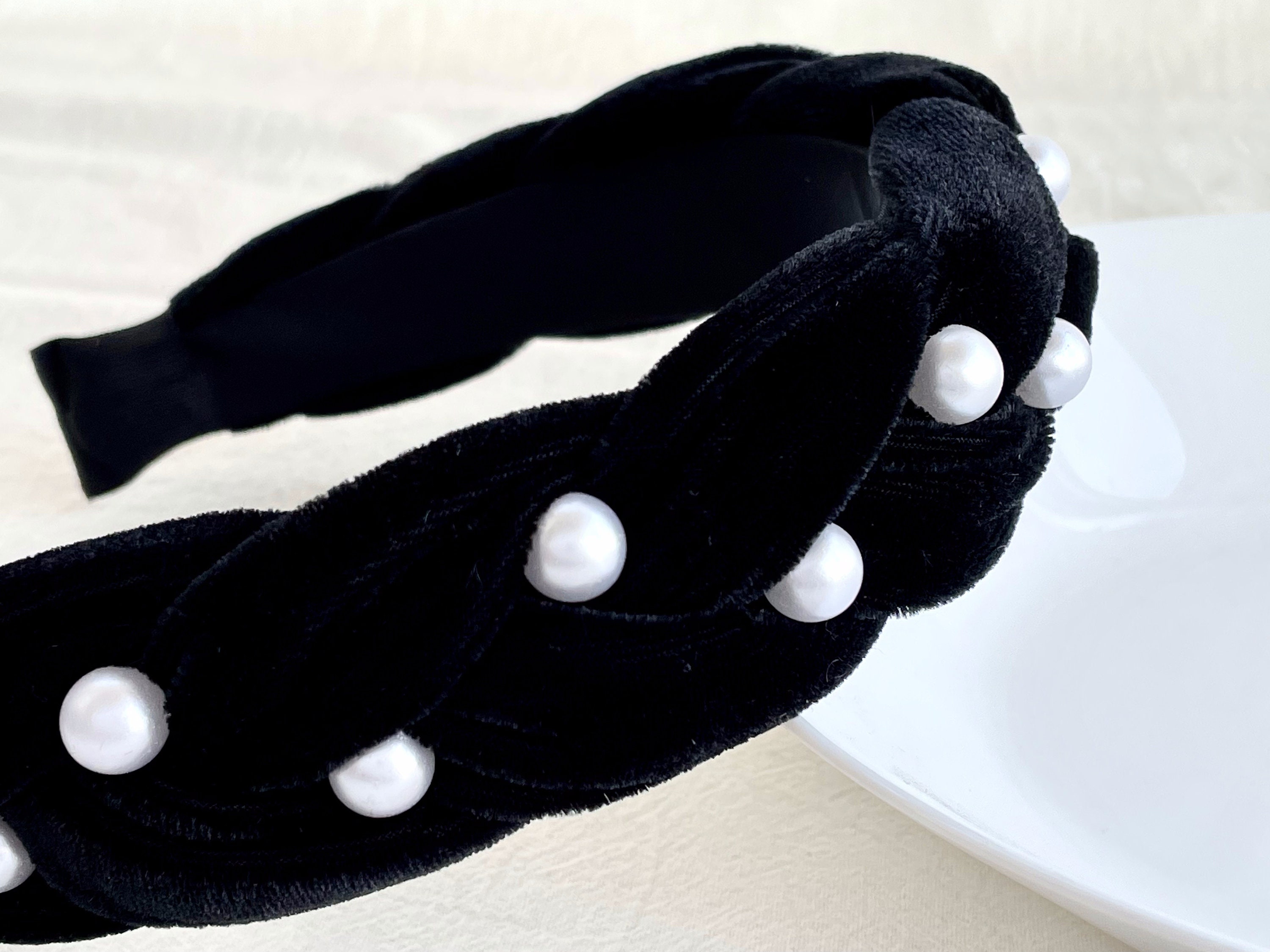 編み込みベルベットヘアバンド、ブラックベルベットワイドヘッドバンド