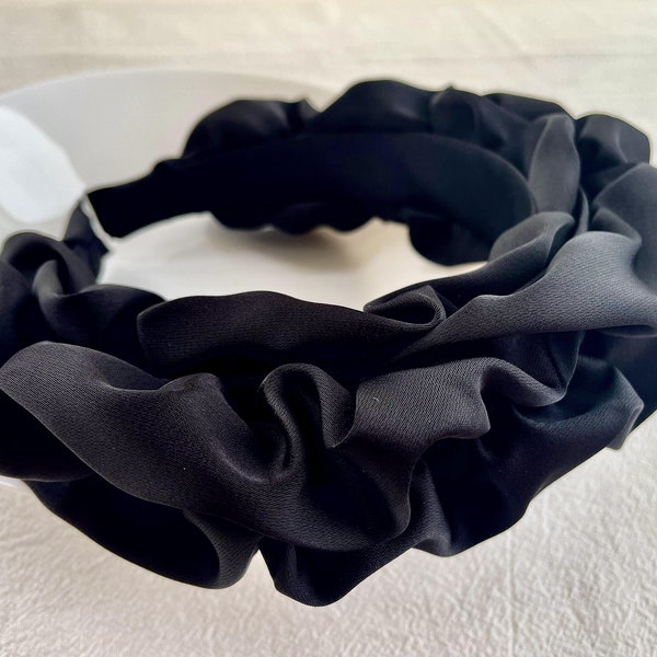 Black Satin Ruched Ruffle Headband,Women Headband,Wide Headband,Silk Women Headband,Fashion Headband