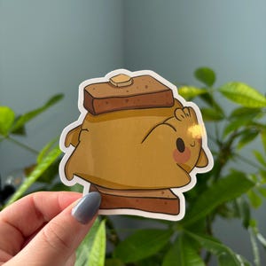 Puede incluir: Una pegatina con un personaje de dibujos animados con forma de pila de panqueques con una nuez de mantequilla. El personaje es de color marrón claro con capas de panqueques de color marrón oscuro y una cara sonriente.