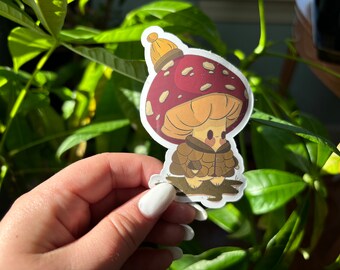 Cute Mushroom in Jacket Vinyl Sticker | Waterproof Autumn Decor