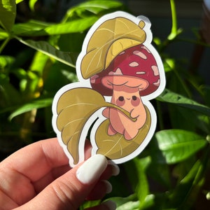 Mushroom with Leaves Sticker | Cute Waterproof Vinyl Sticker | Nature Sticker | Leaf and Mushroom Art