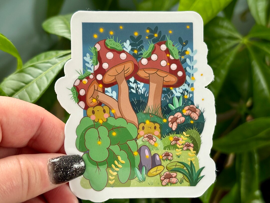 Mushroom Frog Vinyl Sticker | Cottagecore Firefly Art - Etsy
