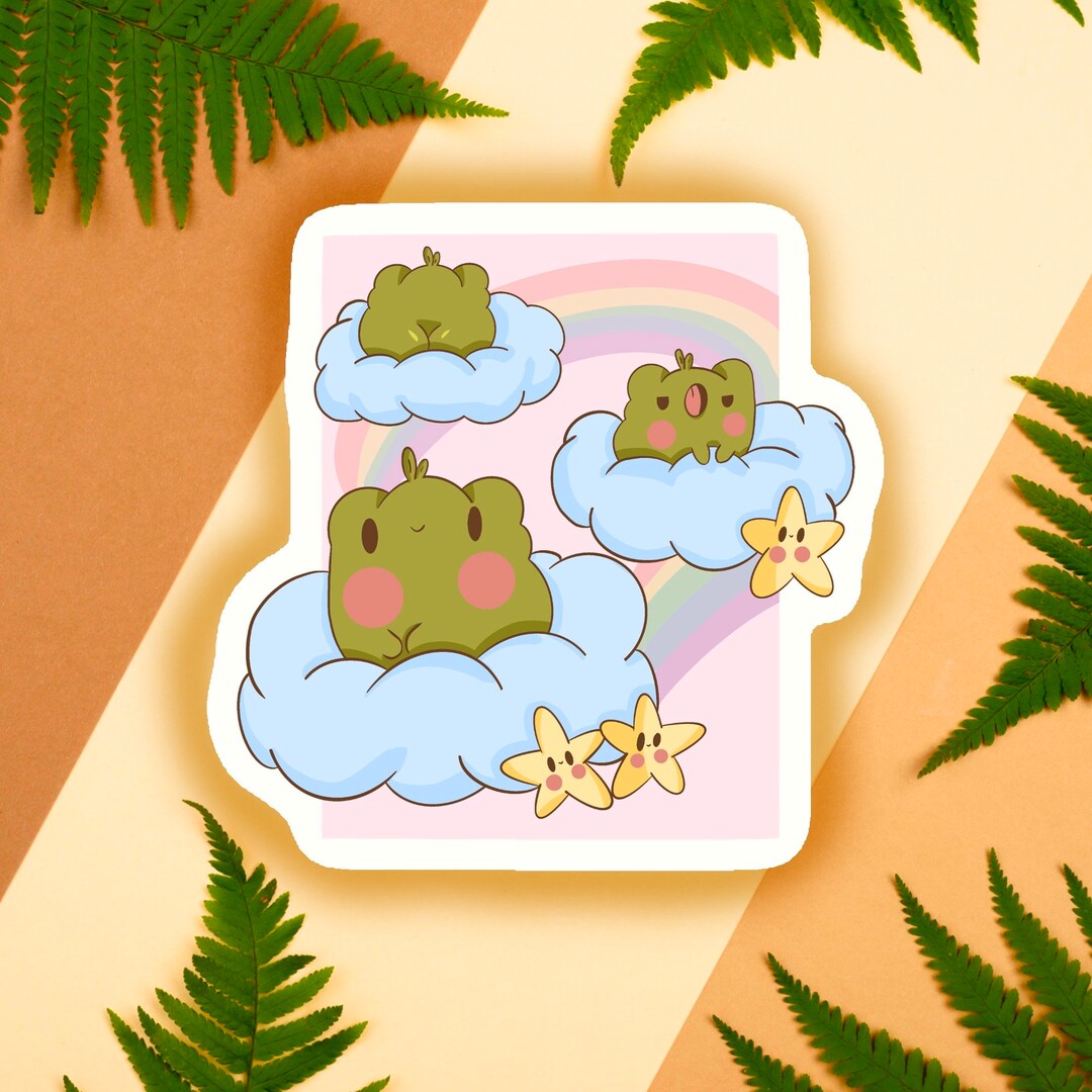 Kawaii Frog Sticker on Fluffy Clouds Cute Clouds Kawaii Froggie Baby