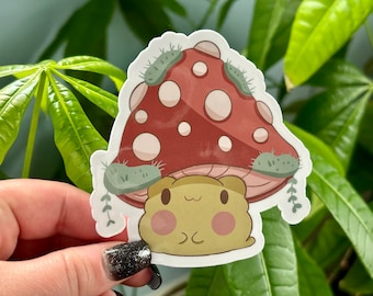 frog sticker| dishwasher safe | frog with a mushroom hat sticker | laminated vinyl | die cut | mushroom hat sticker | cottage