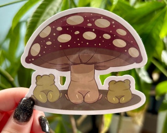 Mushroom and Frog Butt Sticker | Cute Waterproof Vinyl Sticker | Big Frog Bum Sticker | Kawaii Mushroom Art