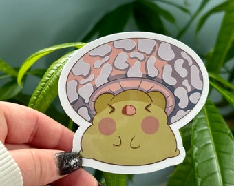 frog wearing mushroom hat | dishwasher safe | frog with a mushroom hat sticker | laminated vinyl | die cut | mushroom hat sticker | cottage