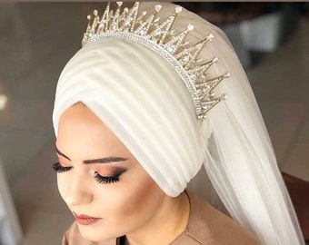 Bridal Veil Henna Night veil Engagement Ready Veil Ready Made Shawl,  glittering veiling, muslim veil,   Turkish Premium Scarf ready Hijab