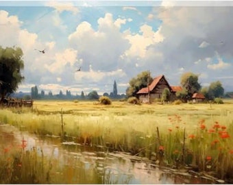 Rural Landscape Buildings Wall Art Canvas Painting Print Contemporary 20" x 28"