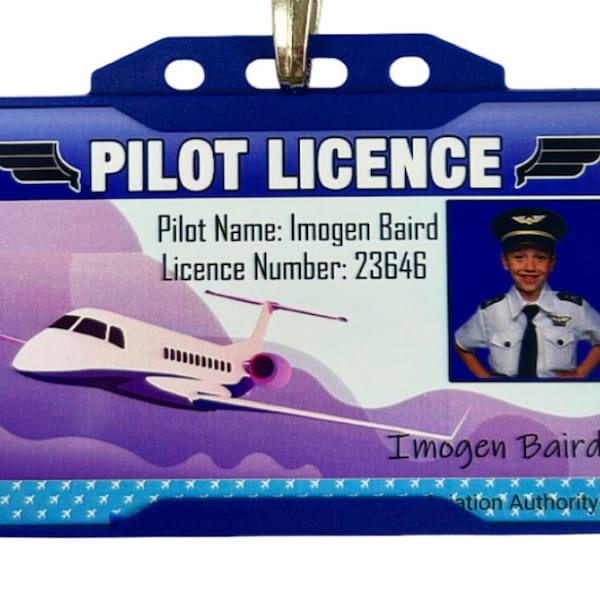 Children / Child Pilot Roleplay ID Card With Blue Lanyard - Personalised Name And photo