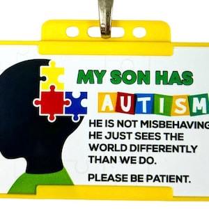 Mi hijo tiene autismo/es autista: tarjeta de identificación por discapacidad y cordón: ¡7 colores!