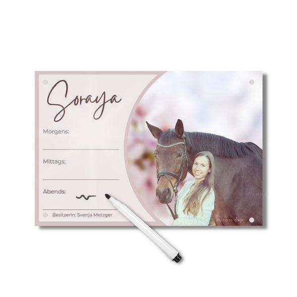 Box sign whiteboard - individual box sign with a photo of your horse I can be written on I acrylic glass