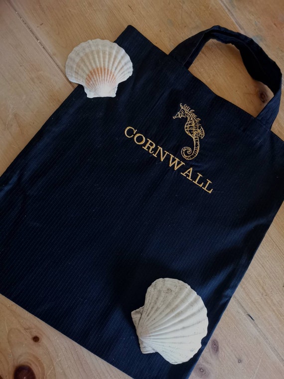 Cornwall Cornish Black Embroidered Tote Bag. Editable Etsy