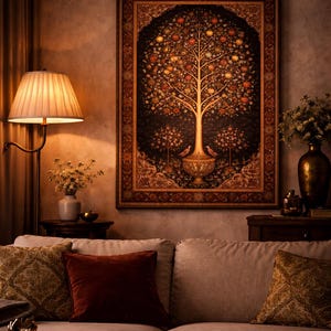 Persian Tree of Life art print as statement wall art in dark moody living room with warm lighting, iranian heritage decor, antique rug motif poster, persian folk art print, middle eastern wall art, pomegranate tree artwork, oriental interior styling, cultural art print, boho eclectic home decor, large format wall art
