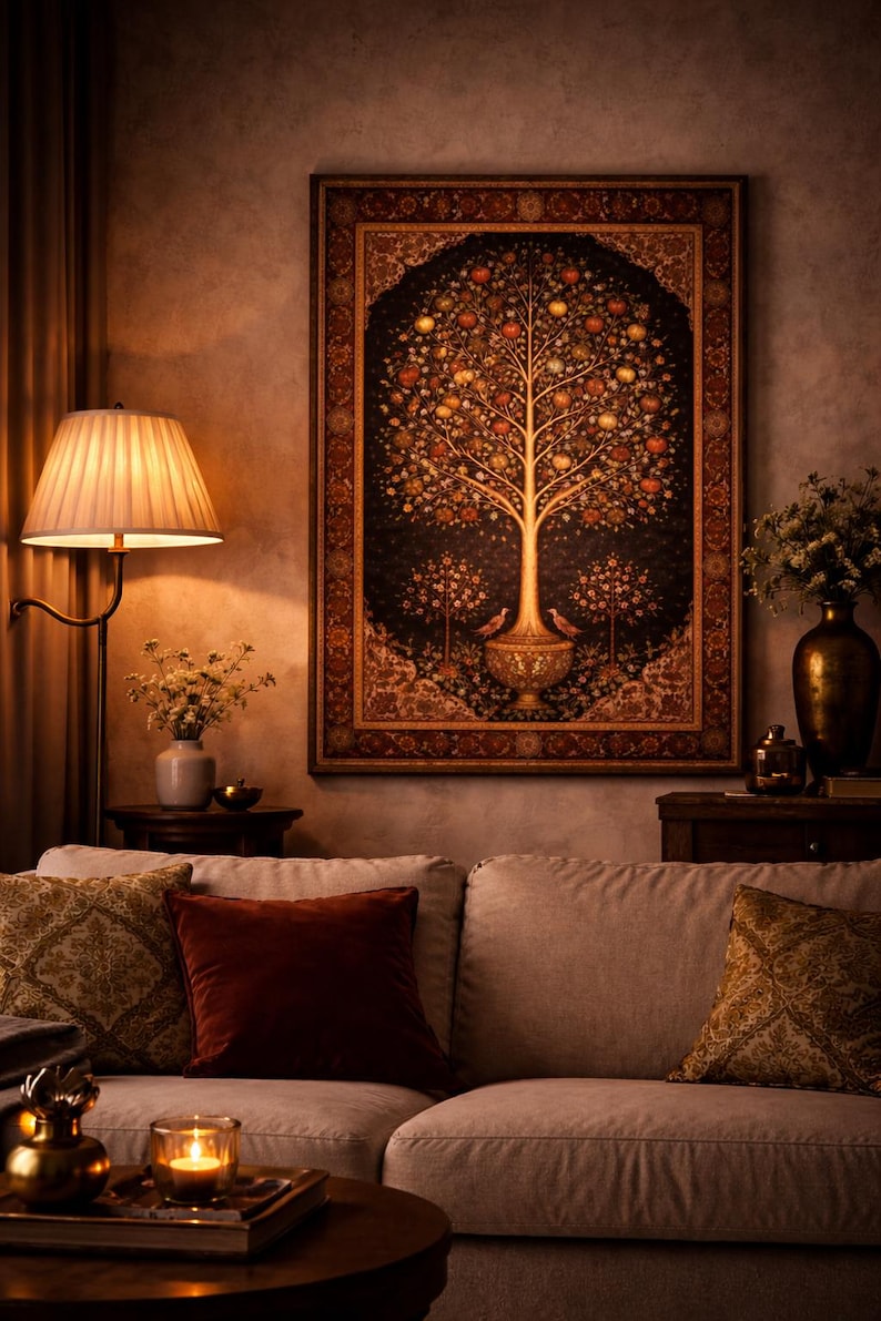Persian Tree of Life art print as statement wall art in dark moody living room with warm lighting, iranian heritage decor, antique rug motif poster, persian folk art print, middle eastern wall art, pomegranate tree artwork, oriental interior styling, cultural art print, boho eclectic home decor, large format wall art