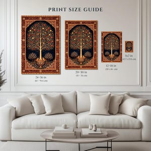 Persian Tree of Life print size guide showing small medium and large sizes on white wall above sofa, iranian heritage wall art available in multiple sizes from 5x7 to 24x36 inches, antique rug motif poster, persian folk art, middle eastern decor, pomegranate tree print, oriental wall art, cultural home decor