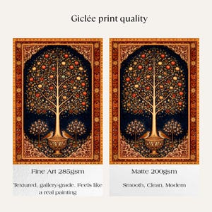 Persian Tree of Life giclée print paper quality comparison showing fine art 285gsm textured gallery grade versus matte 200gsm smooth finish, iranian heritage wall art print quality, antique rug motif poster, pomegranate tree artwork, persian folk art, archival ink print, museum quality wall art, middle eastern decor