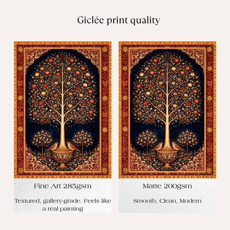Persian Tree of Life giclée print paper quality comparison showing fine art 285gsm textured gallery grade versus matte 200gsm smooth finish, iranian heritage wall art print quality, antique rug motif poster, pomegranate tree artwork, persian folk art, archival ink print, museum quality wall art, middle eastern decor