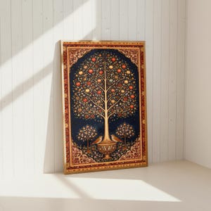 Persian Tree of Life art print leaning against white wall, unframed iranian heritage poster ready for framing, antique rug motif wall art, persian folk art print, middle eastern decor, pomegranate tree artwork, oriental art poster, cultural wall decor, symbolic nature print, iranian home decor, boho wall art, spiritual art gift