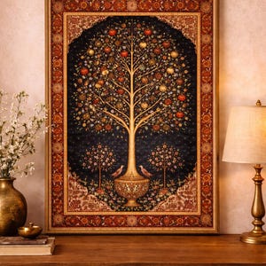 Persian Tree of Life art print in ornate gold frame in warm dark bedroom interior with amber lamp light, iranian heritage wall art, antique rug motif poster, persian folk art, middle eastern decor, pomegranate tree artwork, oriental home decor, cultural wall art, moody bedroom styling, statement art print Iranian art wall print inspired by traditional Persian rugs, featuring a symbolic Tree of Life and ornate border.