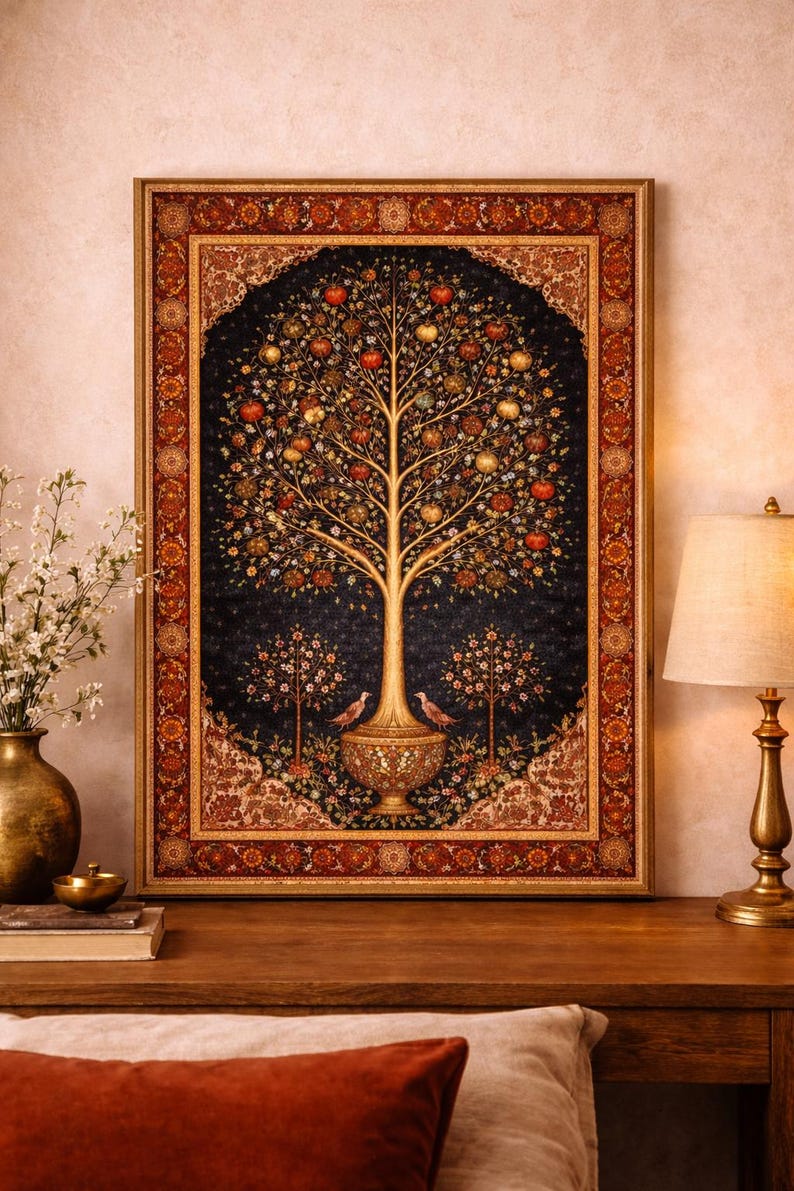 Persian Tree of Life art print in ornate gold frame in warm dark bedroom interior with amber lamp light, iranian heritage wall art, antique rug motif poster, persian folk art, middle eastern decor, pomegranate tree artwork, oriental home decor, cultural wall art, moody bedroom styling, statement art print Iranian art wall print inspired by traditional Persian rugs, featuring a symbolic Tree of Life and ornate border.
