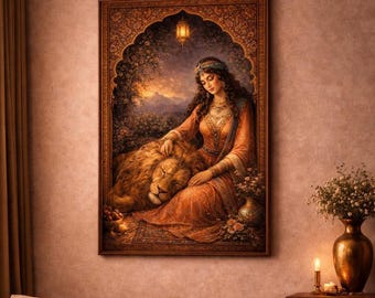Persian Wall Art, Woman and Lion Art Print, Shahnameh Poster, Lion and Sun Iran Decor, Qajar Miniature Painting, Iranian Gift