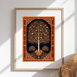 Persian Tree of Life art print in natural wood frame, Iranian heritage wall art, antique rug motif poster, persian folk art decor, middle eastern wall art, cultural art print, boho home decor, living room wall art, persian gift, oriental wall decor, iranian home decor, pomegranate tree print, symbolic wall art, spiritual art print, nature art poster