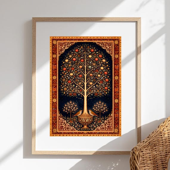 Persian Tree of Life Art Print Iranian Heritage Wall Art, Antique Rug Motif Poster Persian Folk Art Decor