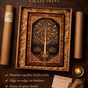 Persian Tree of Life luxury giclée print what you receive infographic showing museum quality print, edge to edge printing, matte or gloss finish, carefully wrapped and packaged, free shipping worldwide, frame not included, iranian heritage wall art, antique rug motif poster, pomegranate tree artwork, persian folk art gift
 Persian inspired Tree of Life print with pomegranate fruit and intricate floral patterns in a classic heritage style.