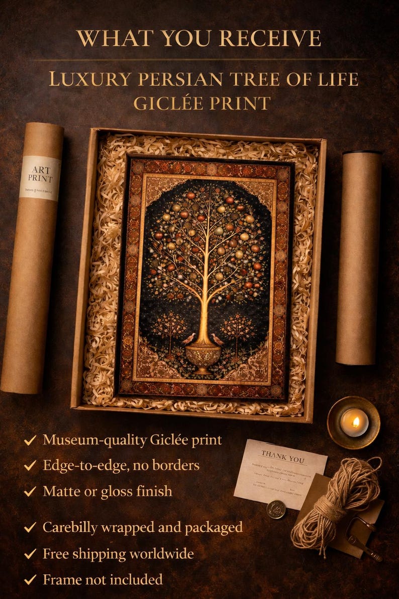 Persian Tree of Life luxury giclée print what you receive infographic showing museum quality print, edge to edge printing, matte or gloss finish, carefully wrapped and packaged, free shipping worldwide, frame not included, iranian heritage wall art, antique rug motif poster, pomegranate tree artwork, persian folk art gift
 Persian inspired Tree of Life print with pomegranate fruit and intricate floral patterns in a classic heritage style.