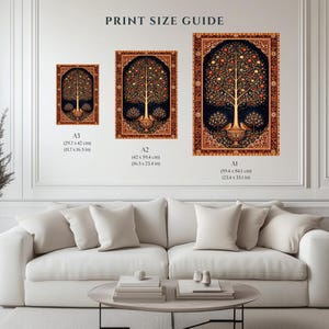 Persian Tree of Life art print size comparison guide with A1 A2 A3 sizes displayed in styled interior, iranian wall art size guide, antique rug motif poster, persian folk art print, middle eastern heritage decor, pomegranate tree artwork, oriental wall decor, cultural art print, boho home decor, symbolic nature wall art