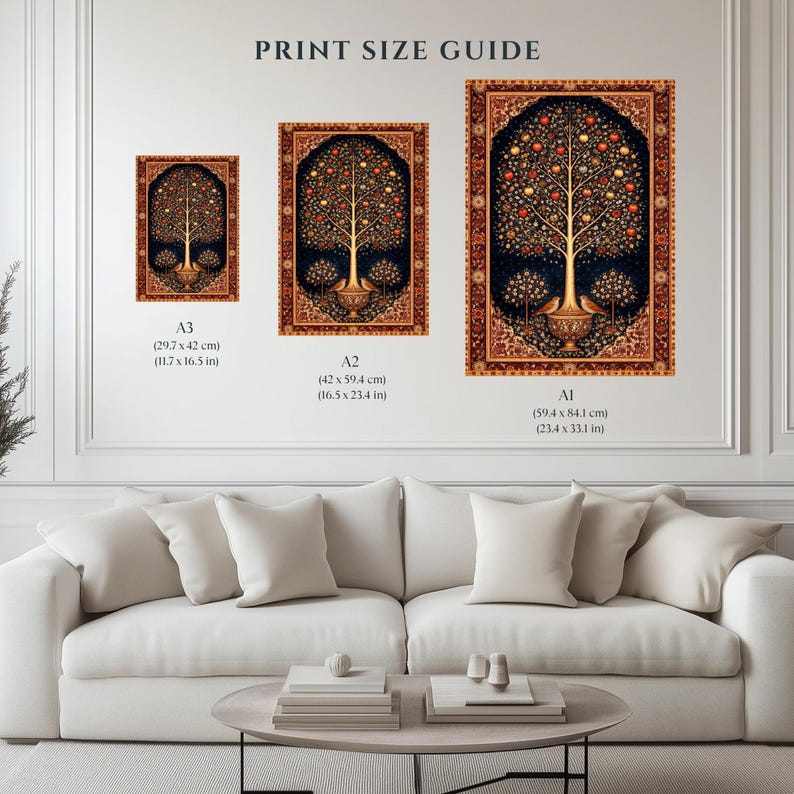 Persian Tree of Life art print size comparison guide with A1 A2 A3 sizes displayed in styled interior, iranian wall art size guide, antique rug motif poster, persian folk art print, middle eastern heritage decor, pomegranate tree artwork, oriental wall decor, cultural art print, boho home decor, symbolic nature wall art